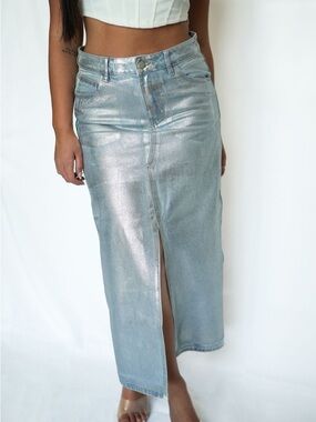 Metallic Light Blue Midi Skirt with Front Slit
